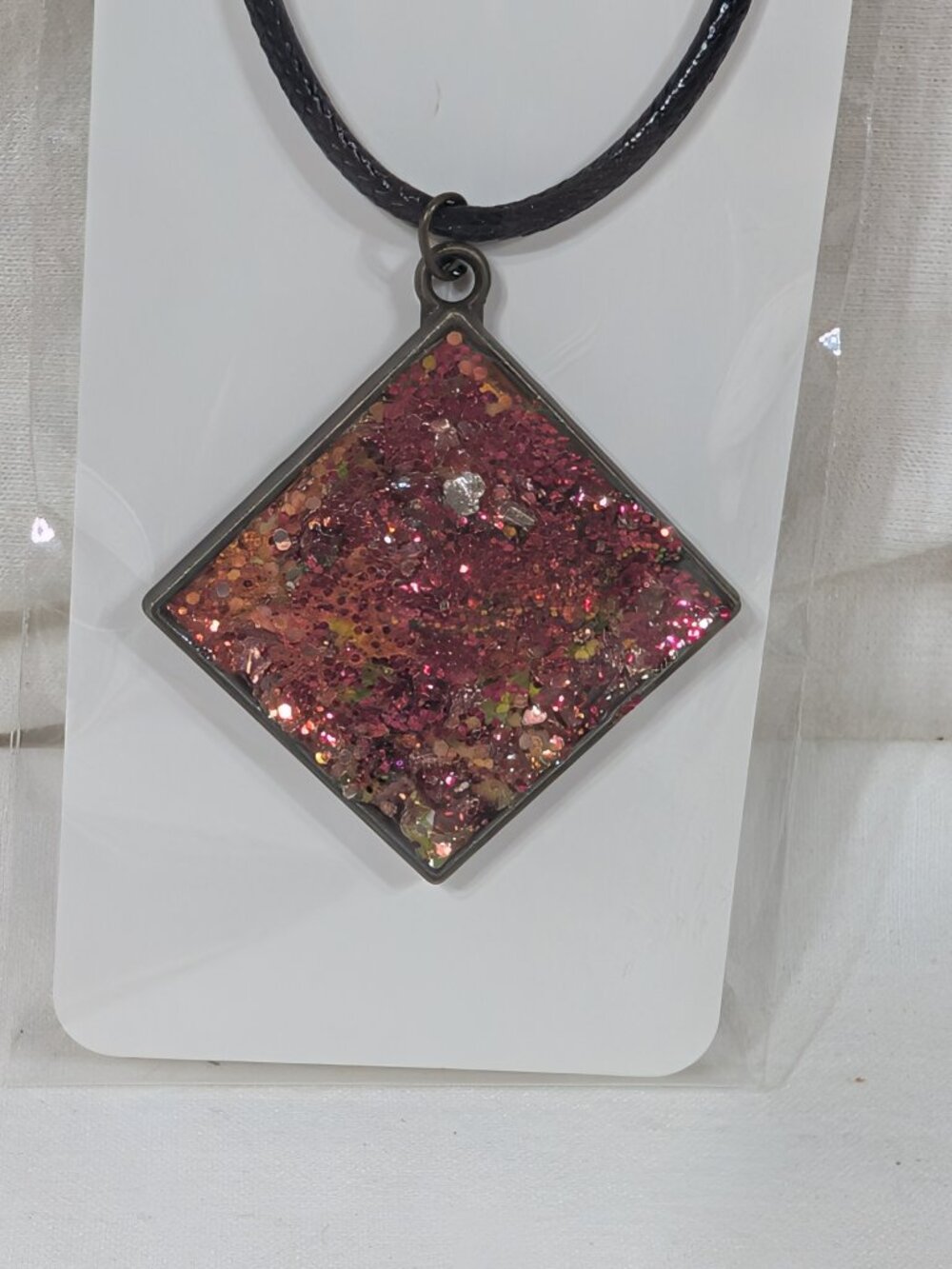 Diamond Shaped Stained Glass Necklace Copper Trim